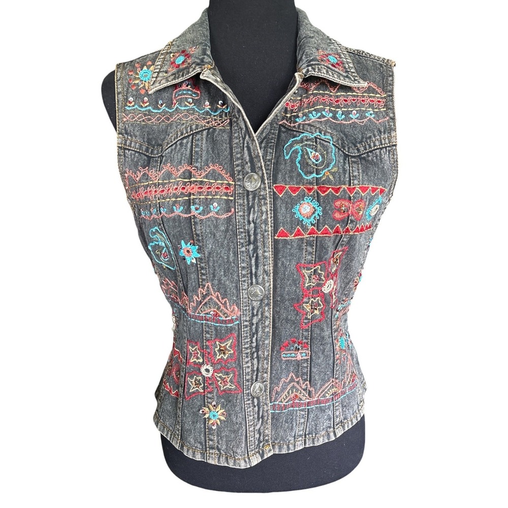 Vintage Flashback Couture Embroidered Black Denim Vest, Small, Retro Boho Hippie